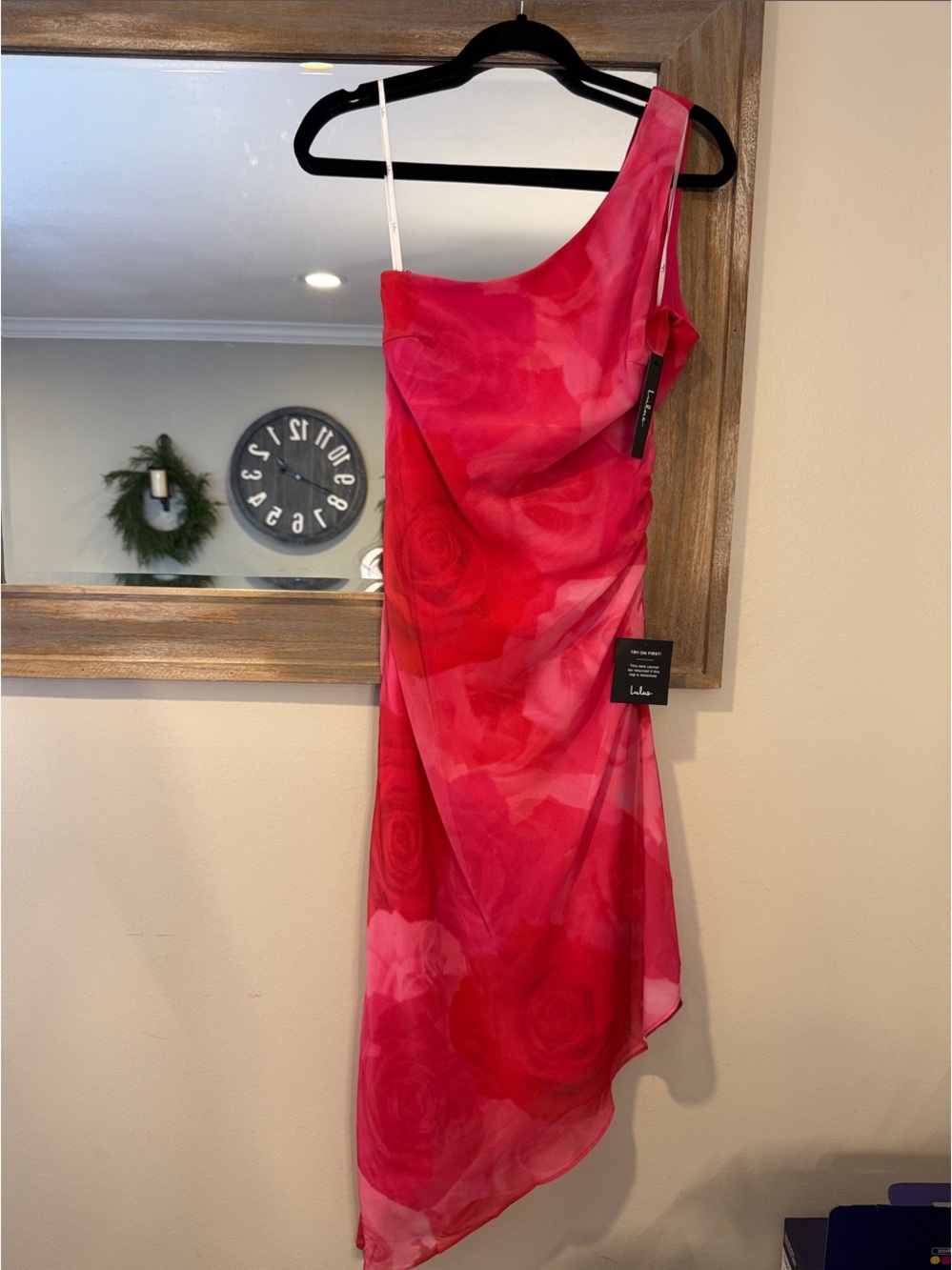 Lulu's One-Shoulder Rose Print Dress in Hot Pink and Red